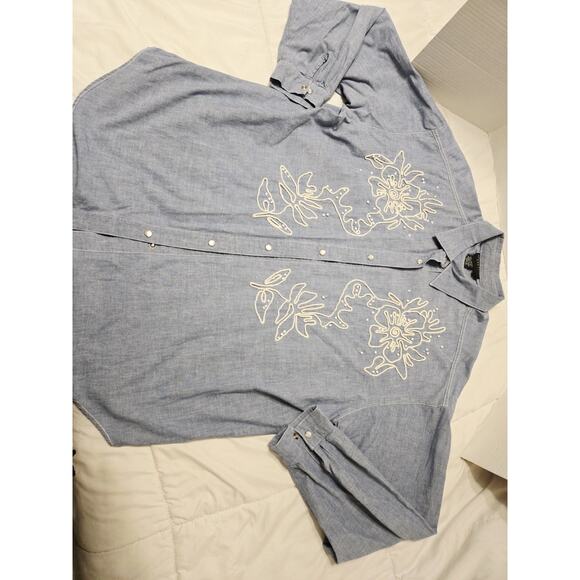 Vtg Carole Little Sz L Blue Western Embroidered Blouse Shirt Cotton Preppy Fairy - Picture 2 of 8